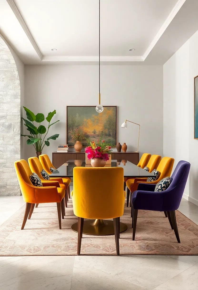 An ‍Eclectic Dining Room Blend With Velvet Chairs in ⁤Contrasting Colors and Patterns