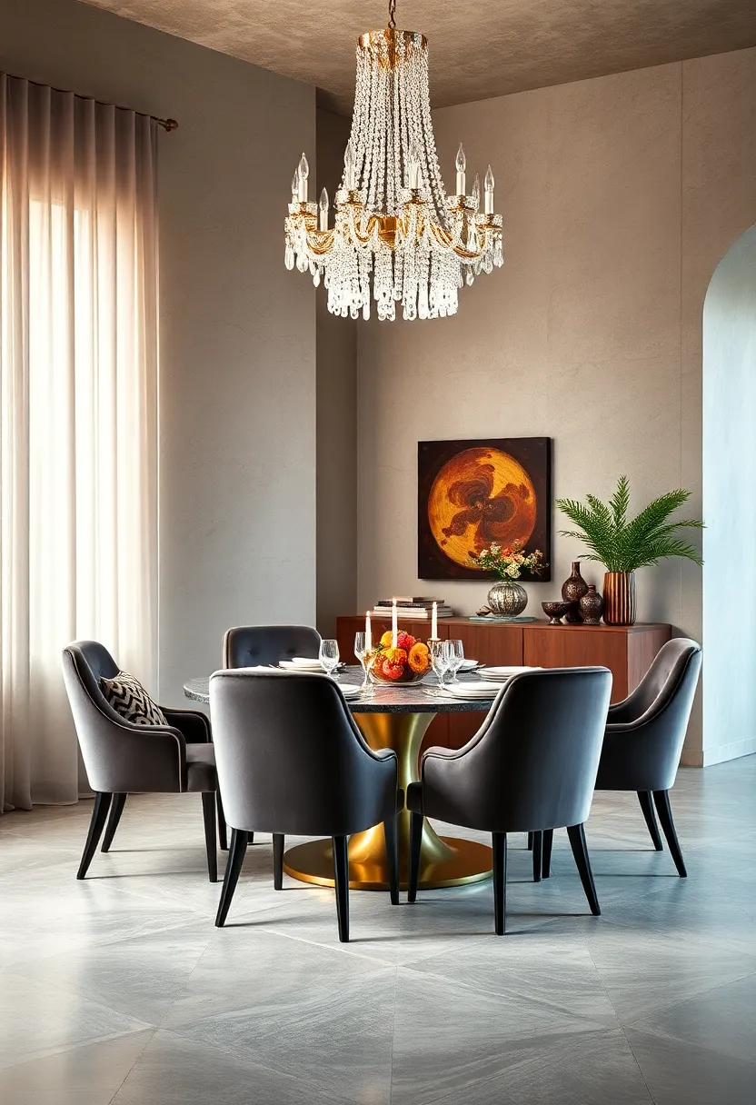 A Luxe Velvet ​Chair statement ‌Piece⁤ Under A Crystal chandelier Illuminating A Sophisticated Meal