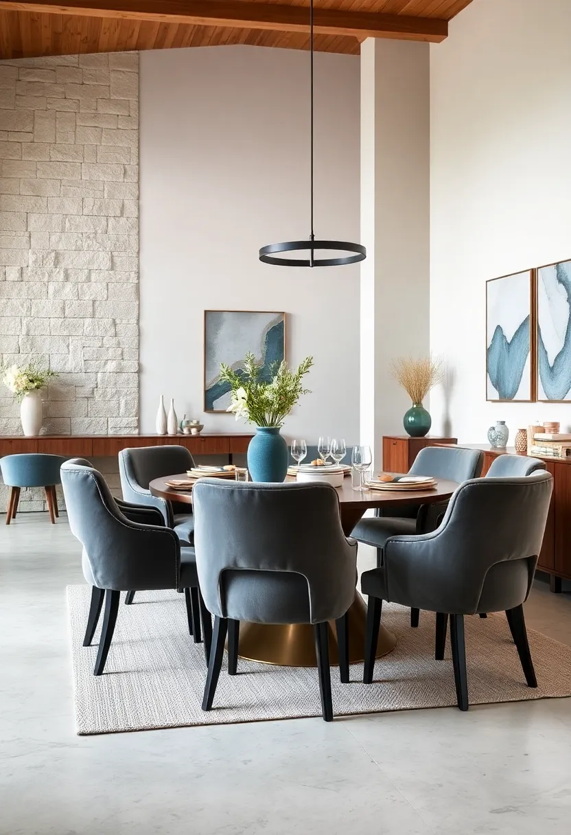 Velvet Chairs In A Coastal Dining Setting With​ Soft blues, Whites, And Natural Textures