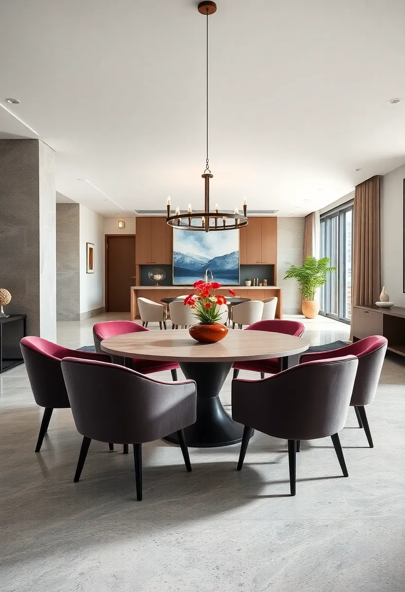 Luxurious Velvet Chairs Arranged Around a Circular Table in a​ Modern Open Plan Dining Area
