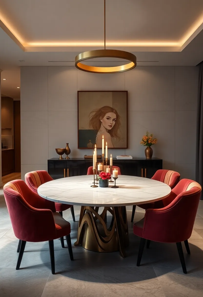 Opulent Velvet Chairs Surrounding a Marble‌ Dining ⁢Table with ‌Ambient Candlelight ​Glow
