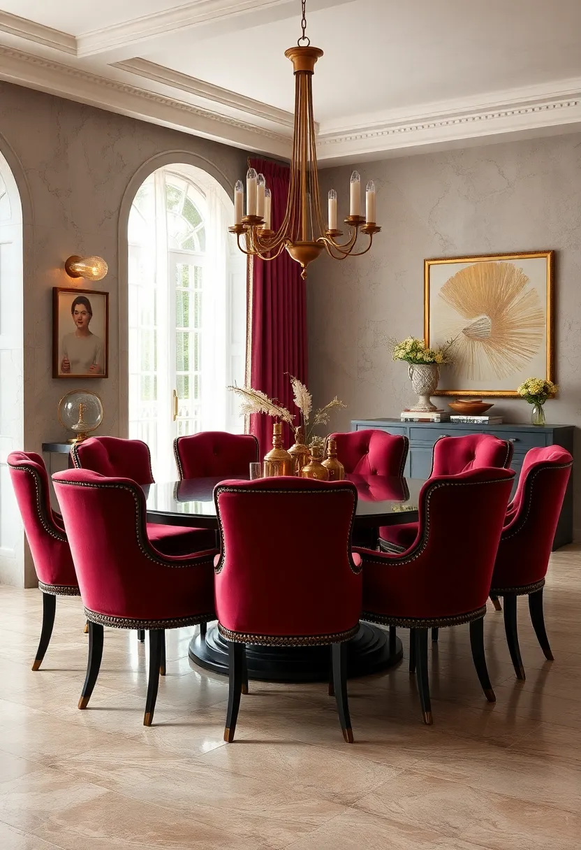 A Symphony of Velvet Chairs in Rich Burgundy and Gold Accents ⁤Surrounding an Antique Table