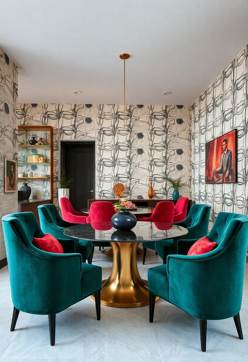 high Contrast Velvet Chairs Set Against A Striking Graphic Wallpaper⁣ In A Dynamic Dining Space