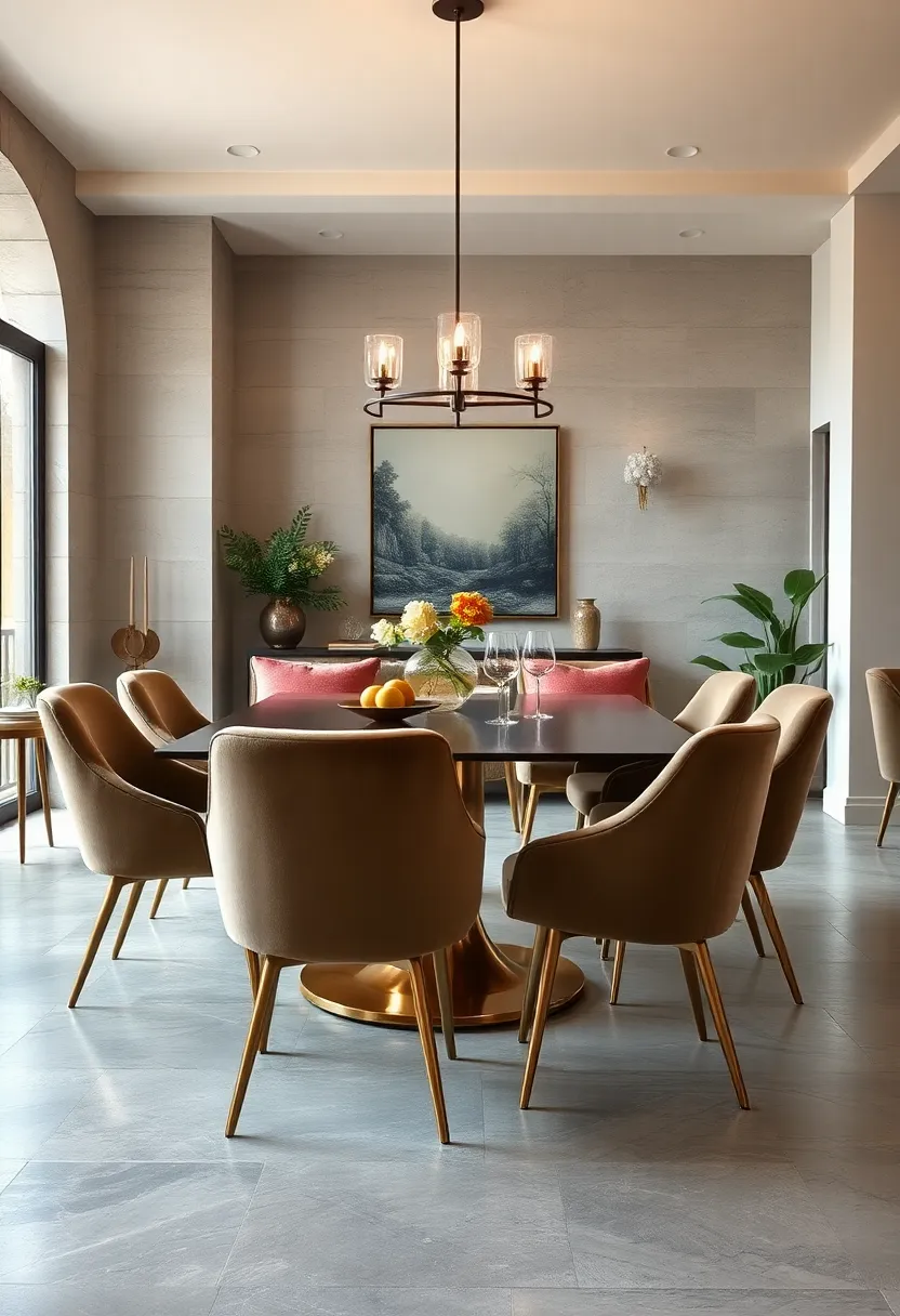 A Mid-Century Modern Dining Space Featuring Velvet Chairs with Sleek Metallic Legs