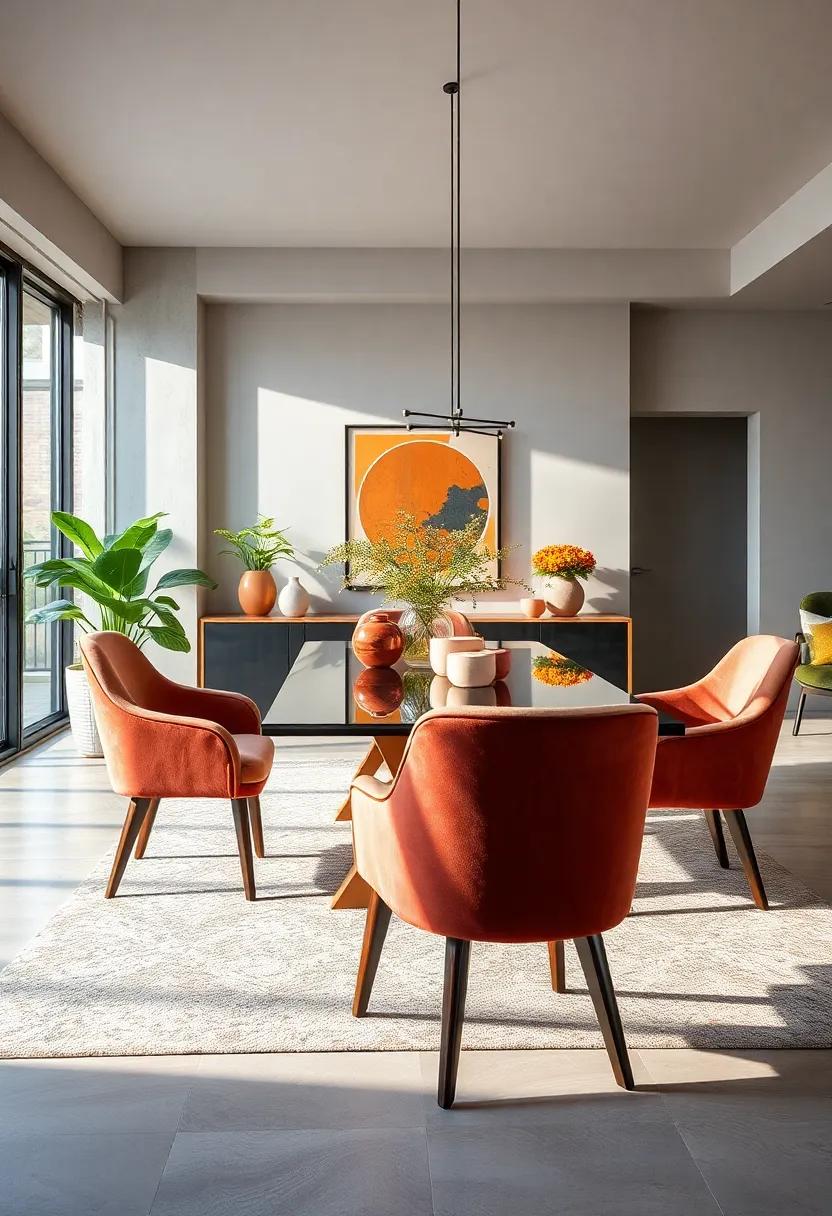 Monochrome Velvet Chairs Adding Sophistication to a Sleek High-Gloss Black Dining Setting