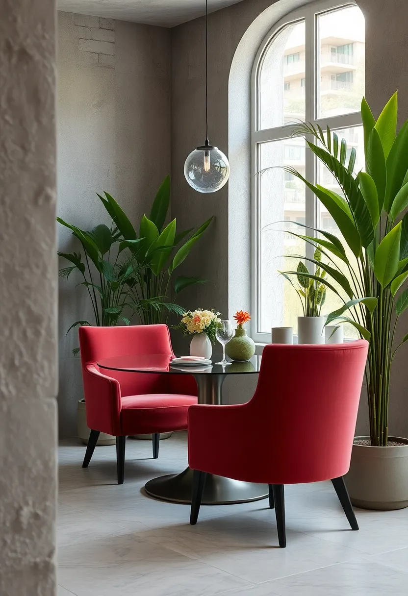Soft⁣ Velvet Chairs Framed by Tall Indoor Plants Infusing Life Into a Chic Dining⁤ Corner