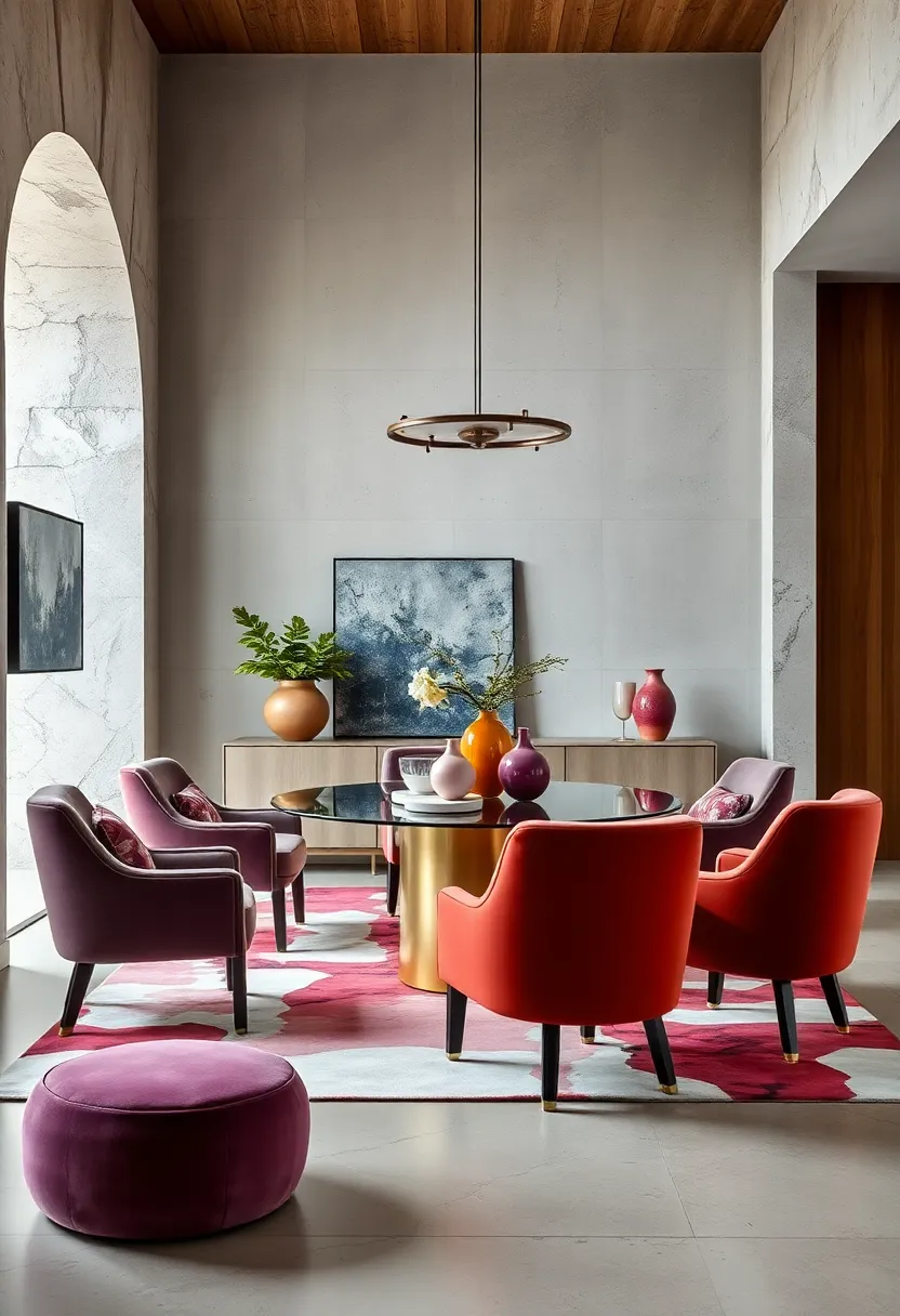 An Artistic Dining Space With‌ Velvet ⁣Chairs Arranged ⁤Around An Abstract Rug and⁢ Sculptural Elements