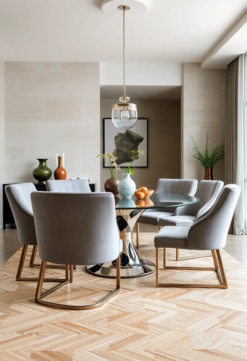 Plush Velvet Chairs in Light Gray Paired With glass and chrome Dining ⁣Elements for⁤ Modern​ Luxury