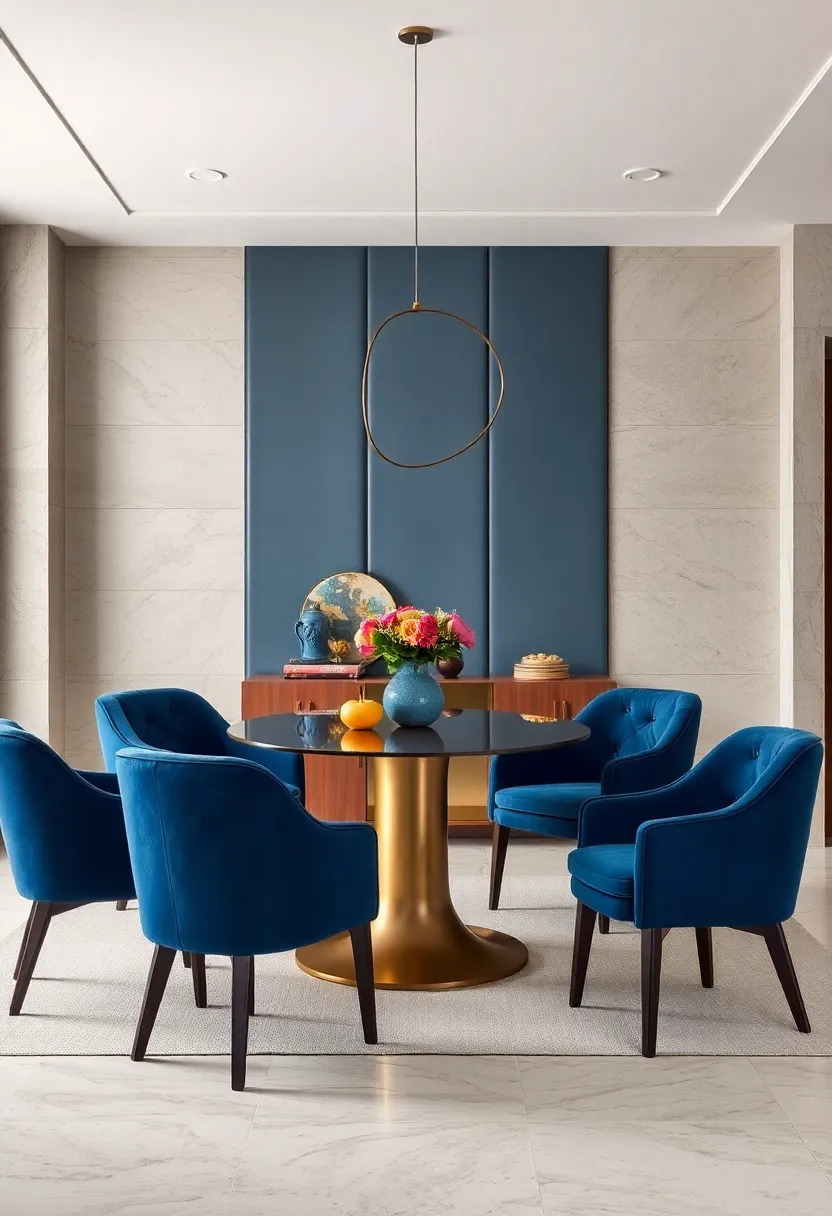 Elegant Velvet Chairs in Muted blue ‍Tones Against ⁢Textured‍ Wall Panels and Subtle Lighting