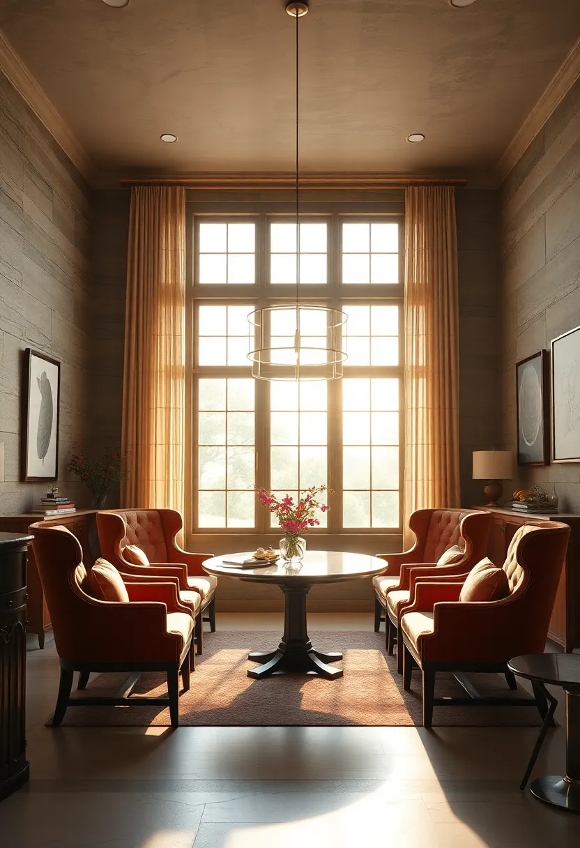 Sunlight Streaming Through Tall​ Windows Illuminating Plush Velvet ​Seats in a ⁣Classic Dining Room