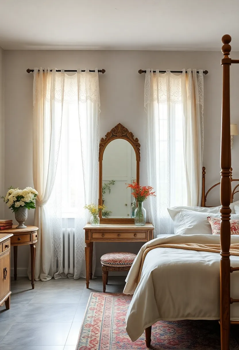 An airy bedroom with ‌lace curtains and a‍ petite, ⁢oval-shaped antique mirror perched delicately on a‍ vanity table