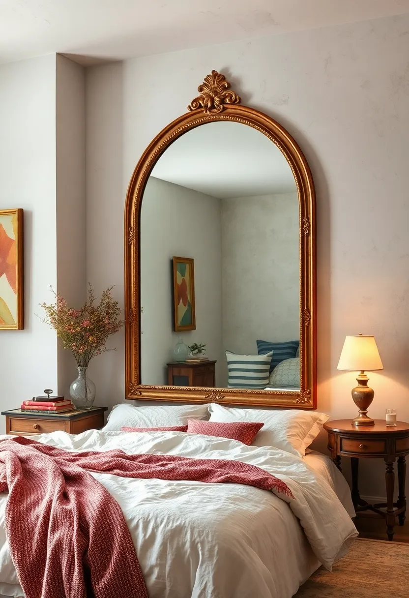 Bright linens and natural⁤ wood tones harmonize with a classic arched vintage ‍mirror ‌featuring antique brass accents
