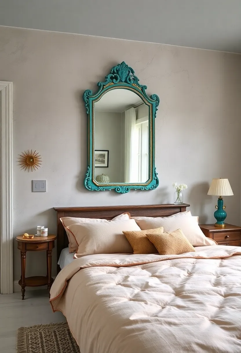 A charming petite bedroom adorned with a weathered⁤ teal ‍antique ‌mirror that ⁤adds a ‍pop of color ⁢while ‌maintaining vintage allure