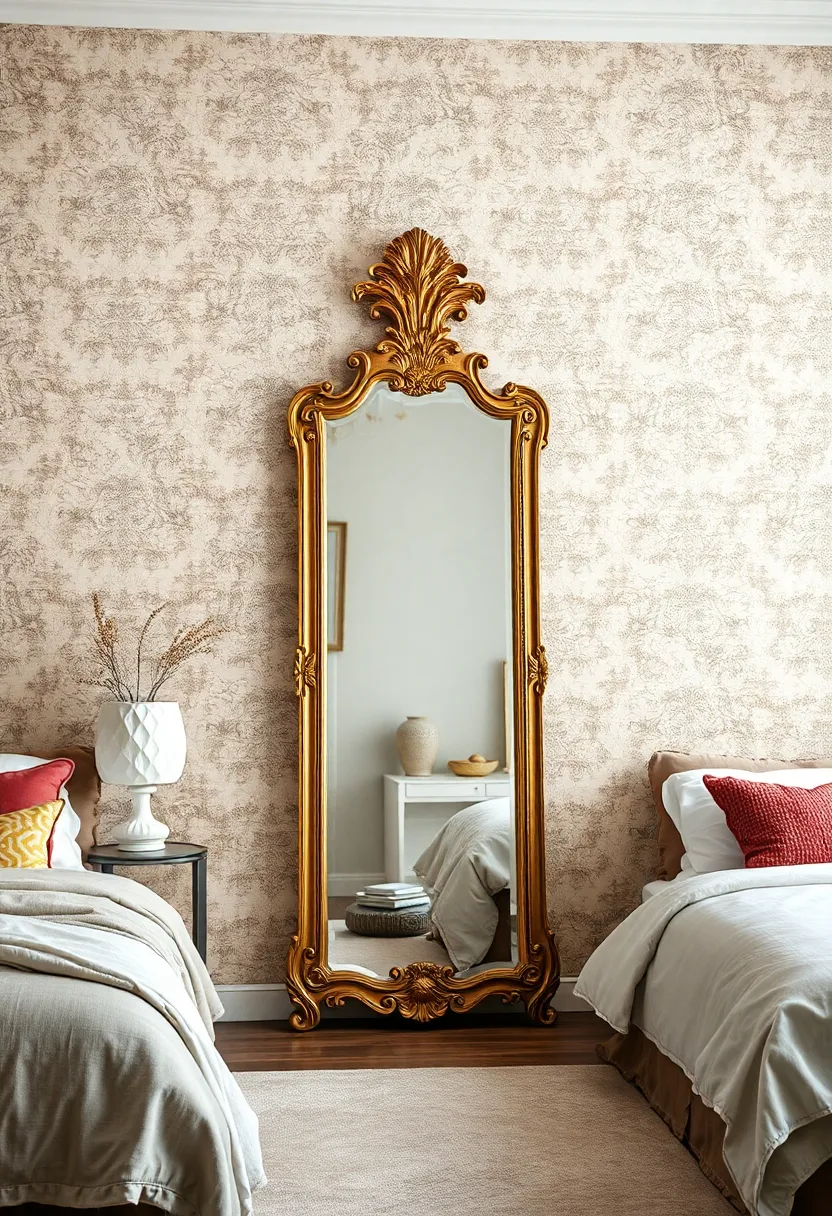 Classic ⁤wallpaper in muted tones surrounding a⁢ tall, freestanding ⁢vintage mirror with elaborate etching and a distressed gold frame