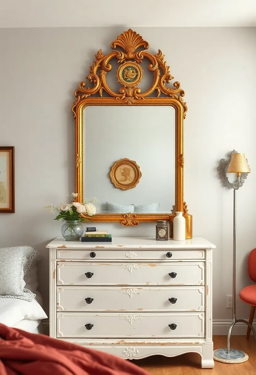 A ⁣cozy vintage bedroom with an ornate gilded mirror above a distressed white dresser, adding a touch‍ of elegance and history