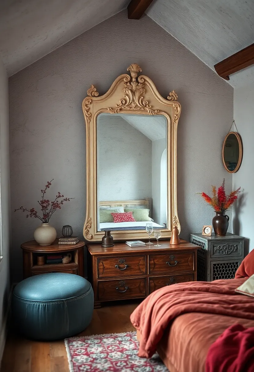 A cozy ​attic bedroom featuring a distressed cream-painted mirror with delicate floral carvings, enhancing its ⁢nostalgic vibe