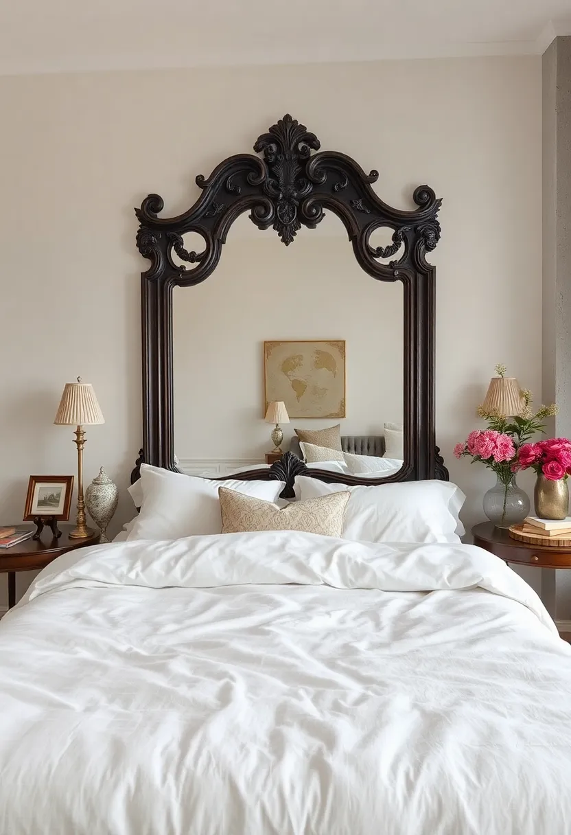 Crisp white bedding offset ⁣by a​ moody,⁤ dark wood antique mirror with baroque detailing for dramatic⁣ contrast