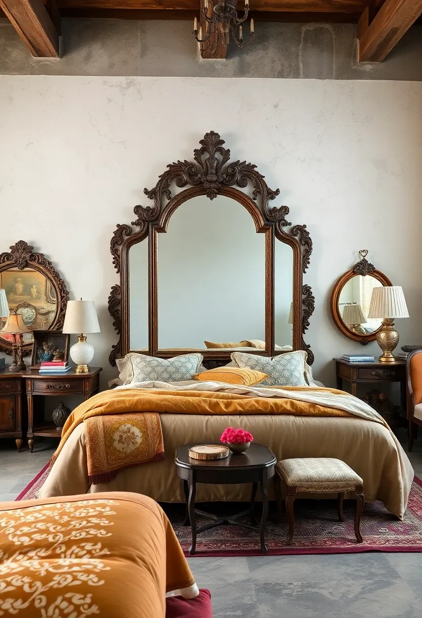 An eclectic vintage bedroom with⁤ mismatched antiques,‍ unified by⁢ a bold, oversized mirror ​with ‌intricate carvings and aged patina