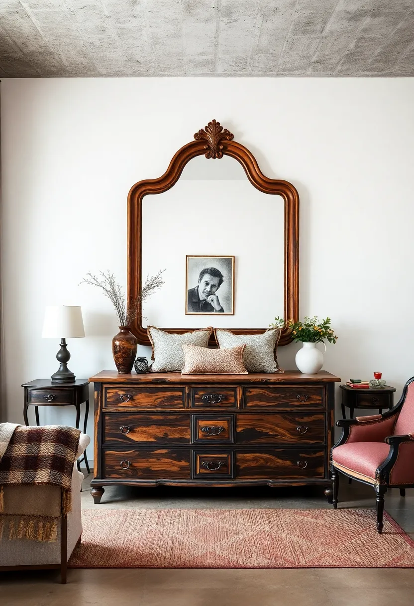 An elegant master suite ‍with a heavy wood antique mirror above a rustic⁢ dresser, grounding the space in historic charm