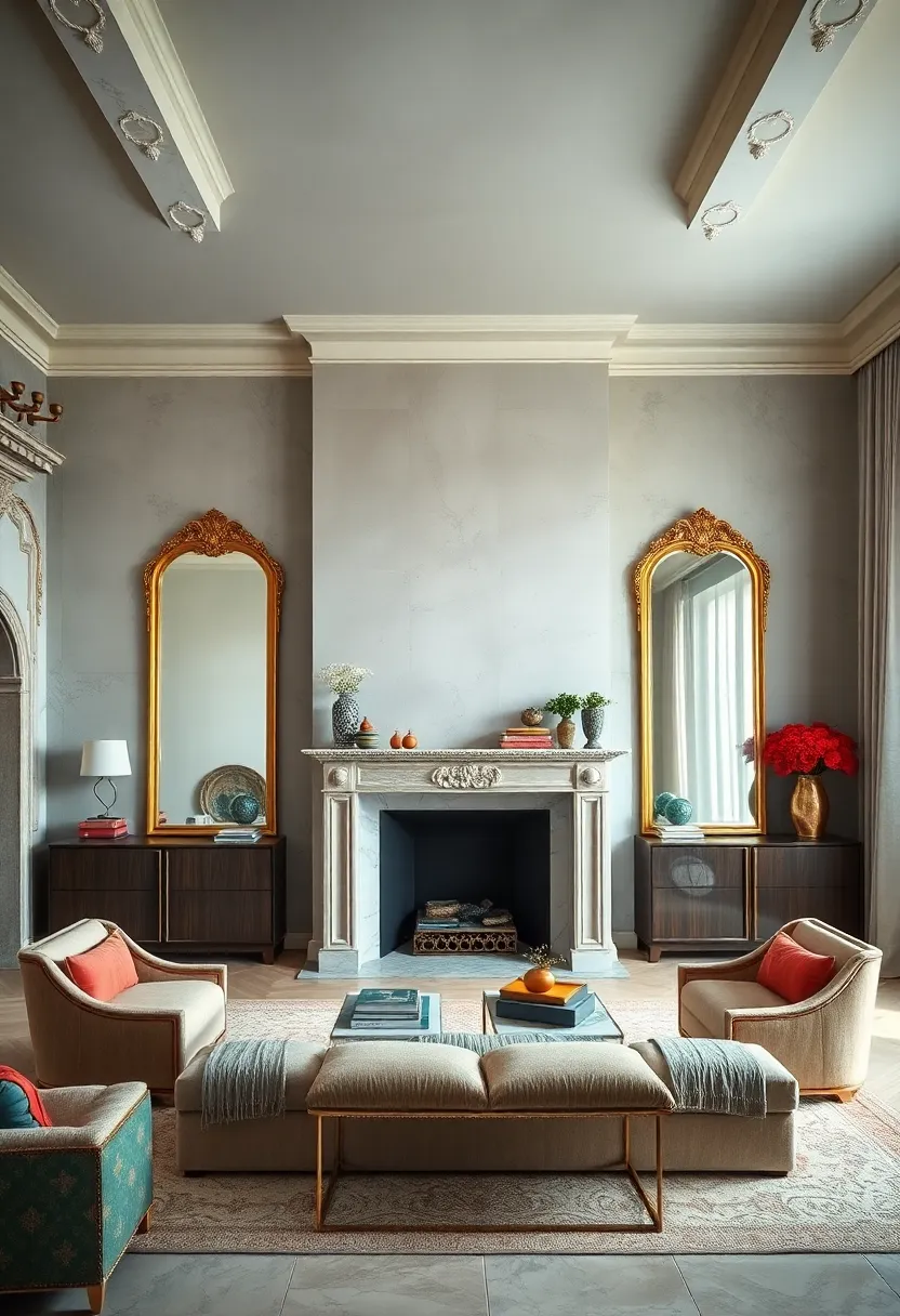 A grand ‍bedroom with a high ceiling showcasing a pair⁤ of matching antique mirrors flanking a classic marble fireplace
