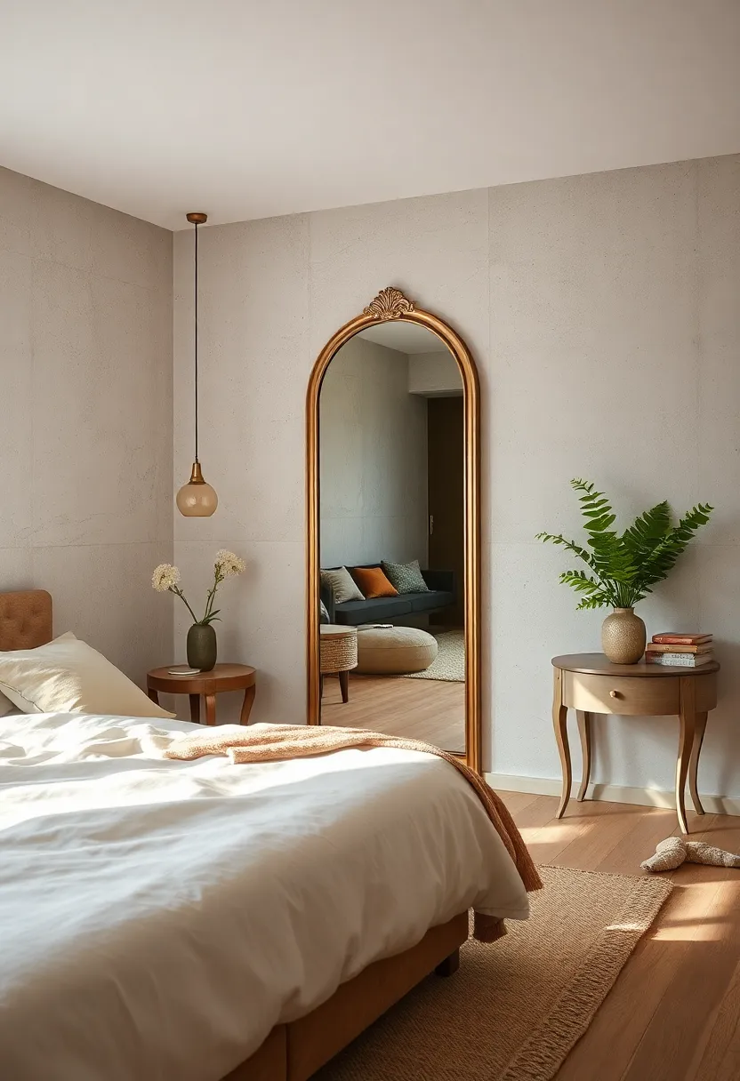 A minimalist vintage space where a⁤ sleek, elongated mirror with subtle ⁣antique ‌detailing adds depth and ⁤light