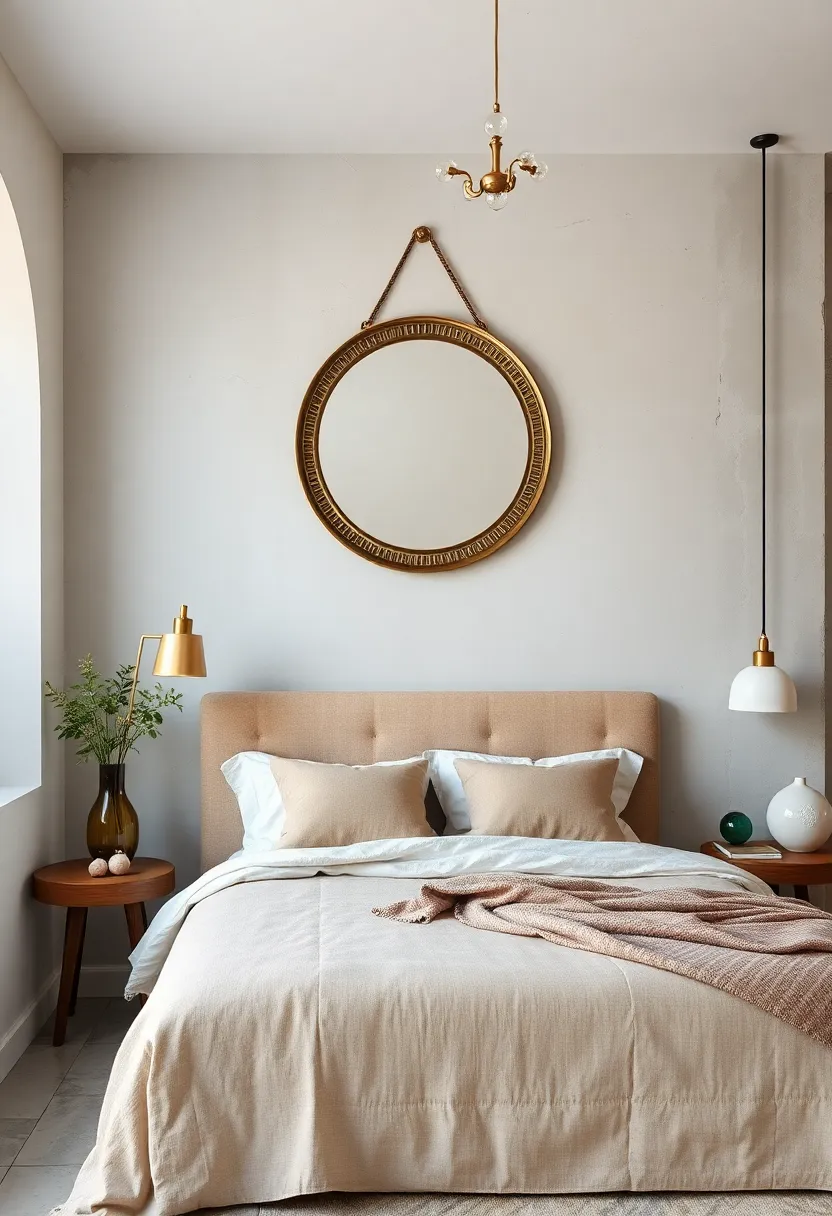 A minimalist vintage bedroom‍ where a ⁤simple yet striking round antique mirror serves as ⁣a statement piece above ‌the headboard