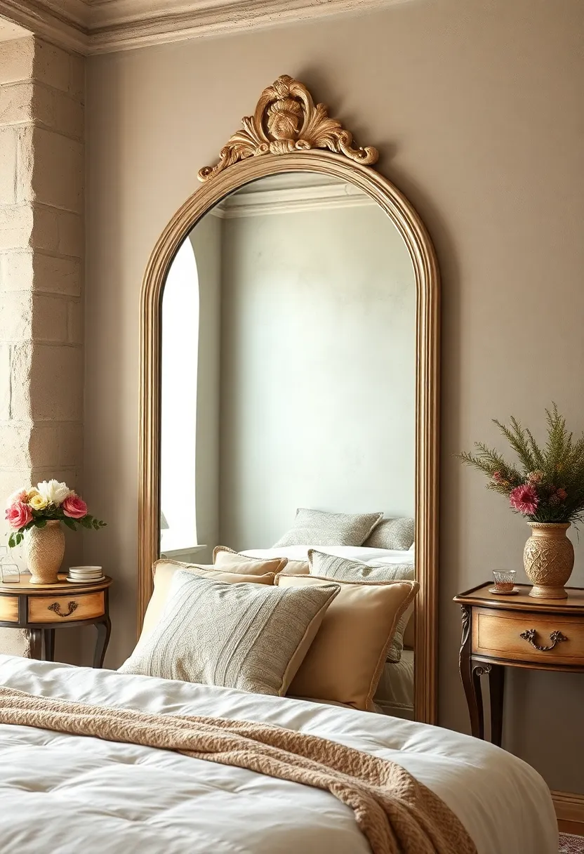 Neutral-toned walls paired with a French-style arched mirror featuring carved rosettes and a softly‌ aged patina