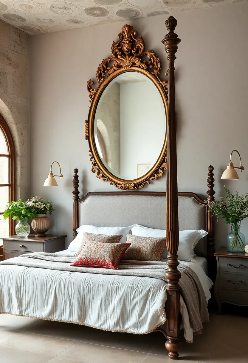 A romantic ⁢four-poster bed⁣ complemented by an oval Victorian mirror framed in intricate floral patterns