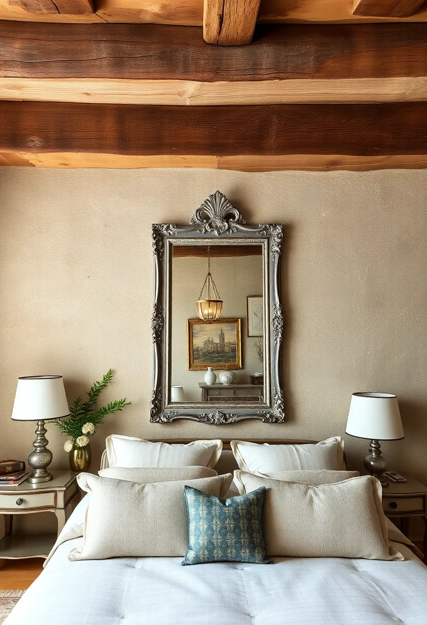 Rustic wooden beams overhead ⁢with a vintage‍ mirror featuring a weathered ⁣silver frame, perfectly balancing rugged charm and sophistication