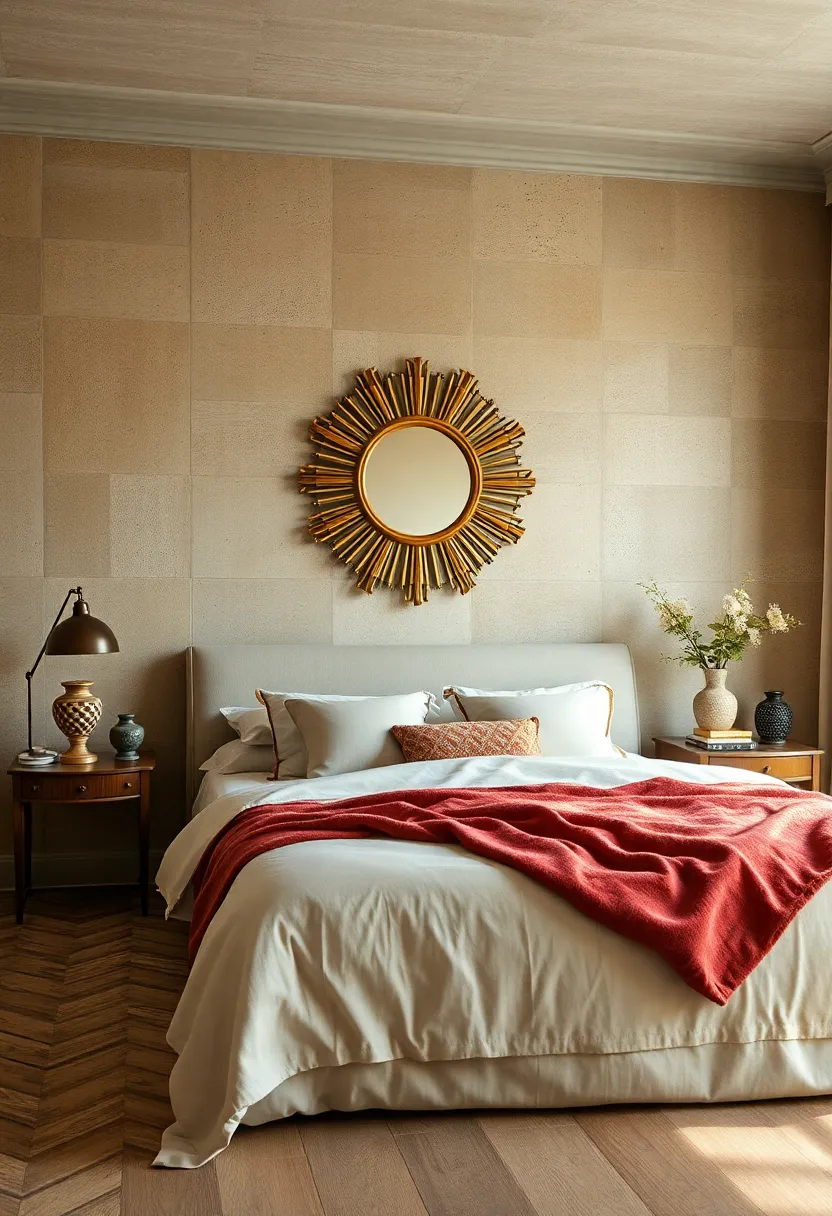 A serene ‍bedroom characterized by a vintage sunburst mirror ‌as ‌the focal point,‍ radiating timeless mid-century ⁣elegance