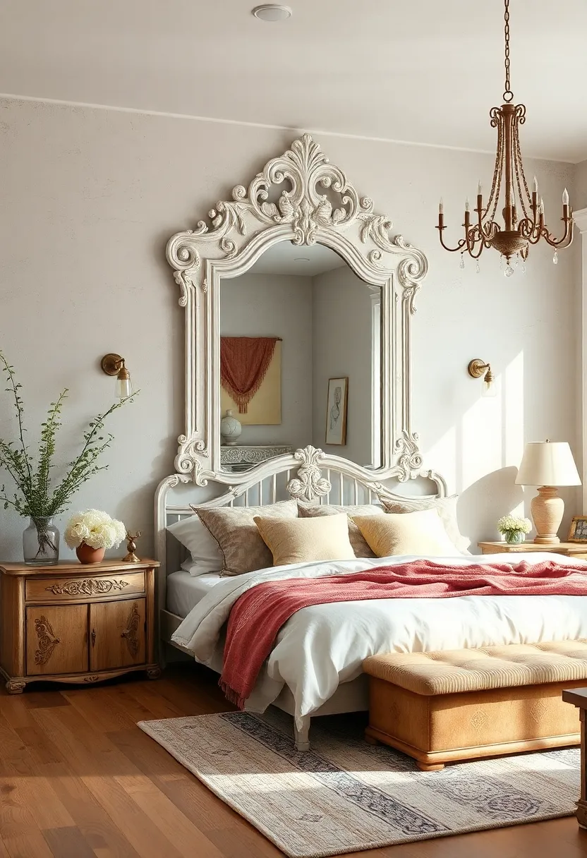 A shabby chic bedroom accentuated by a distressed white antique mirror with ornate scrollwork​ frames the‍ entire room beautifully