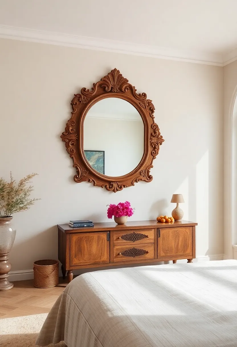 soft pastel ‍walls paired with a large, carved ​wooden antique mirror that reflects sunlight‍ and creates a warm, inviting atmosphere