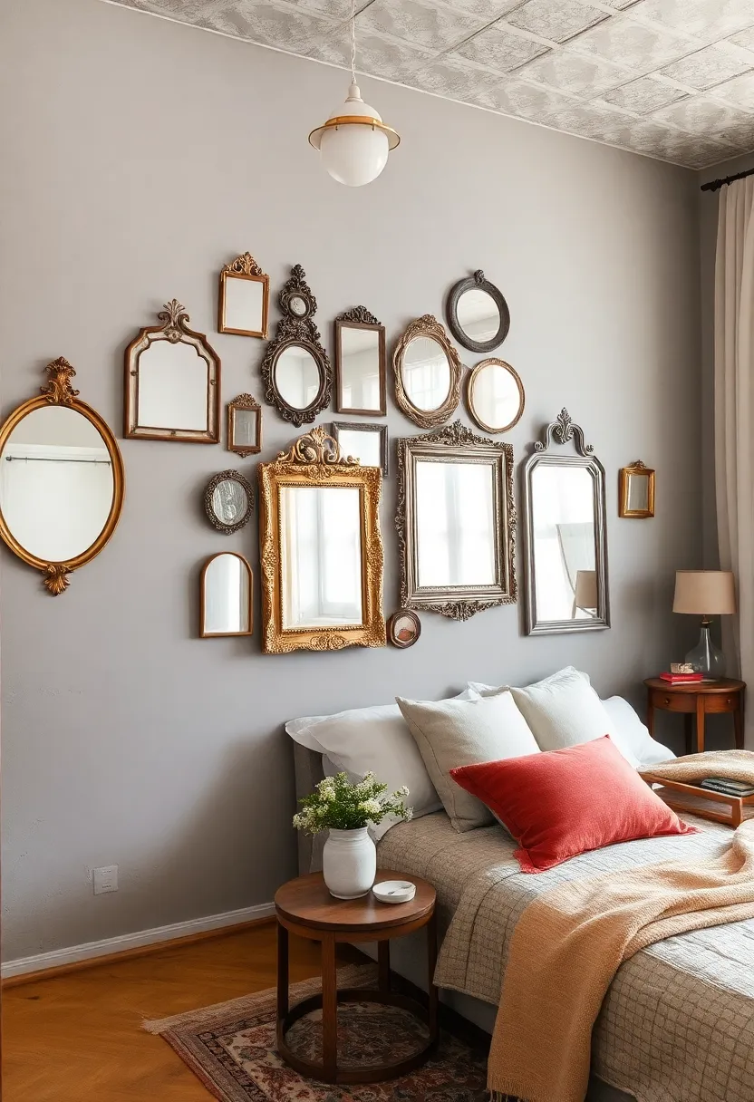 Soft gray walls ​decorated⁤ with a cluster ‍of small antique mirrors in ‍varied shapes ⁢and frames, creating a gallery feel