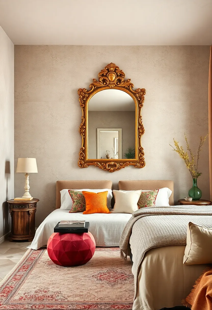 A ⁤textured rug and embroidered ​cushions complement ​an elaborately framed antique mirror that commands attention on the wall