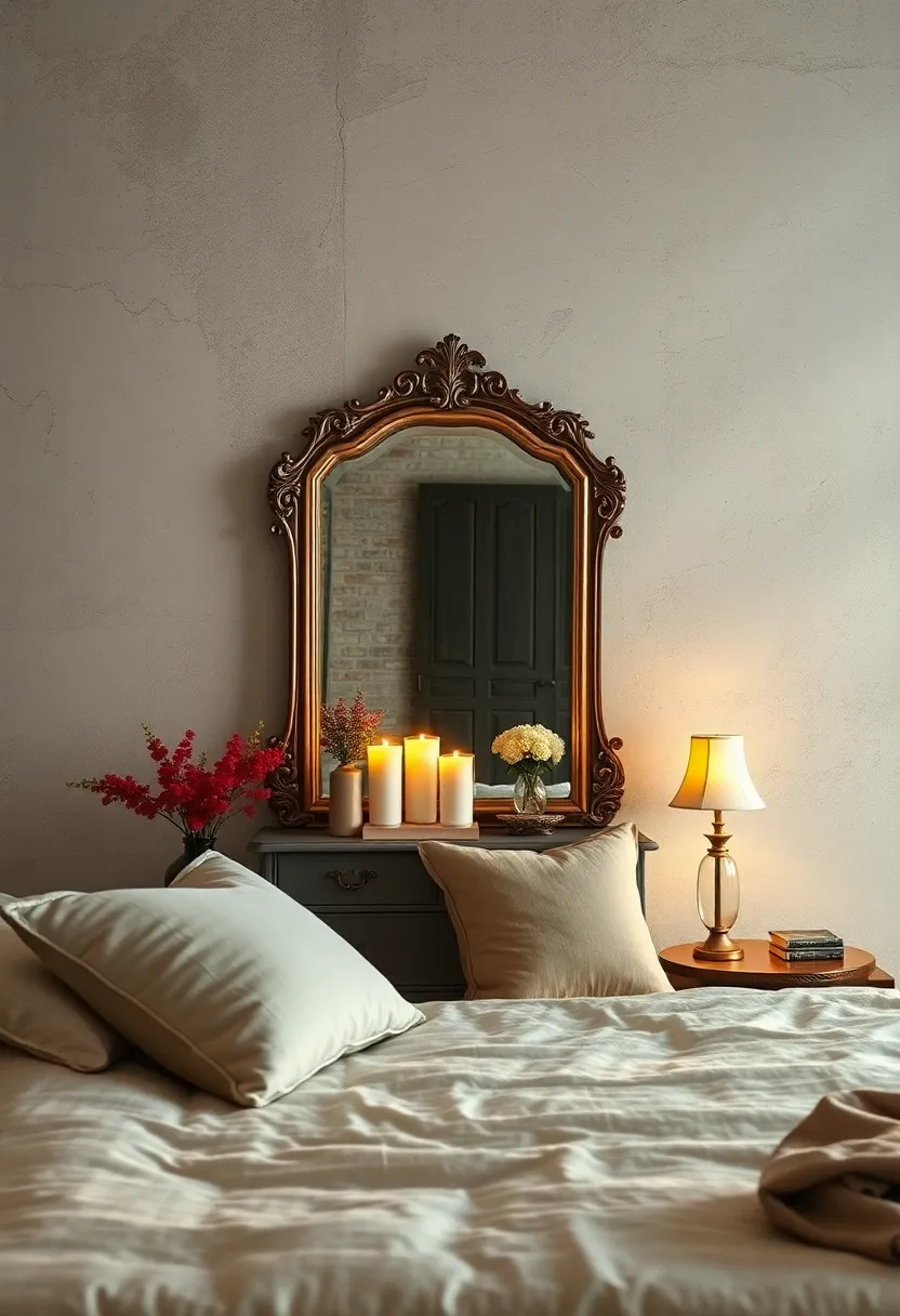 A vintage-inspired reading nook ⁤within a​ bedroom⁣ highlighted by a​ beveled​ glass antique mirror ‌reflecting soft candlelight