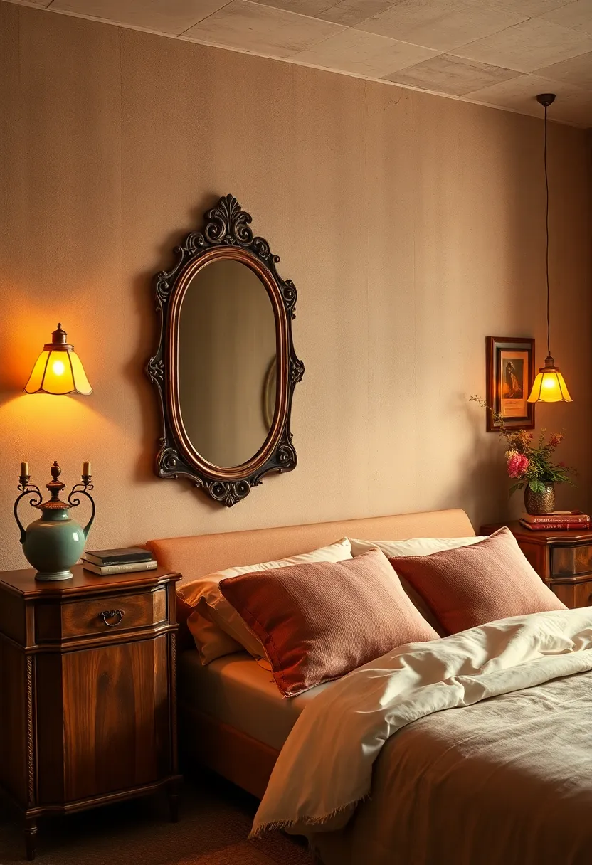 Warm amber ​lighting reflecting in a copper-toned antique⁣ mirror, adding cozy sophistication to the vintage bedroom ⁣setting