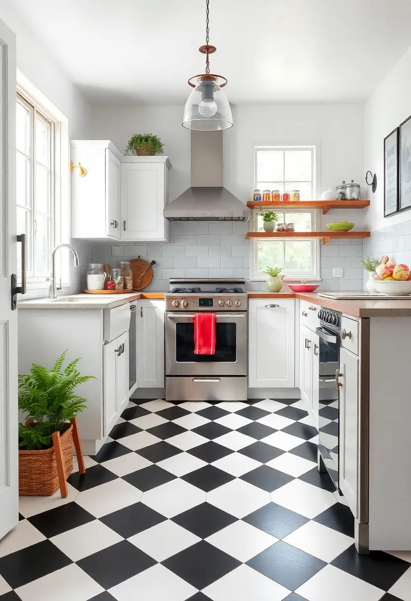 Checkerboard Floors: Classic black-and-white or colorful checkerboard tiles add visual interest and a touch of retro flair