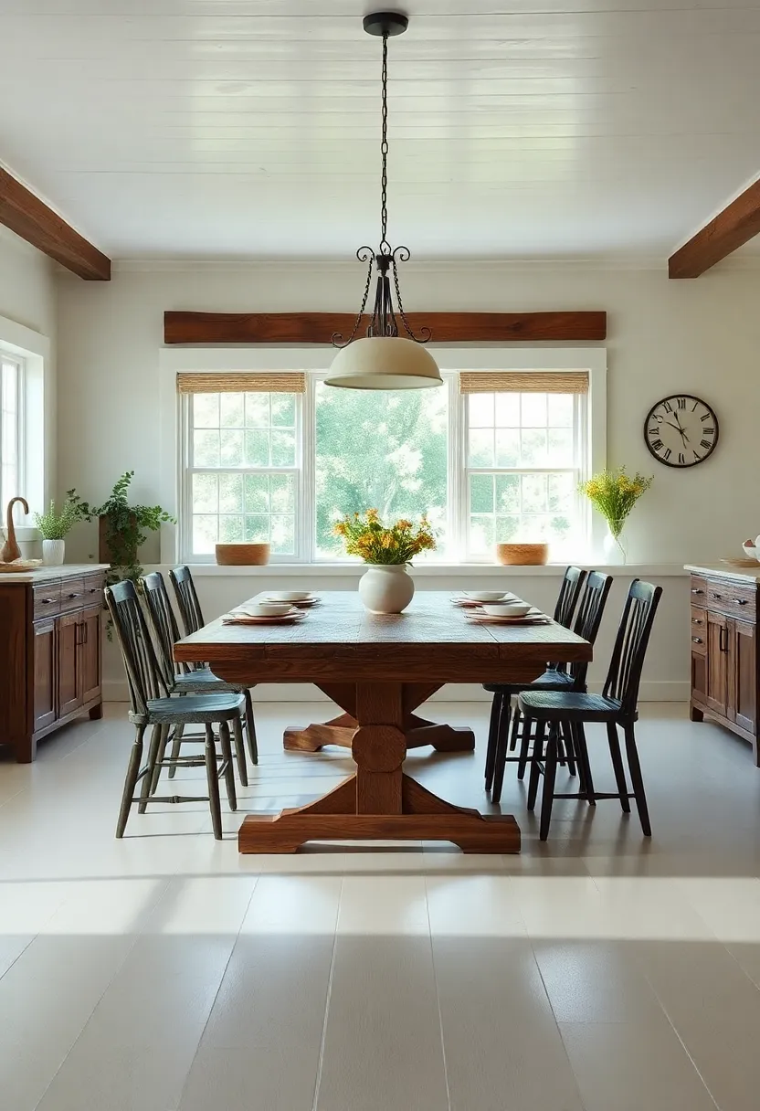 Farmhouse-style Dining Table: A large, sturdy table invites gatherings for family meals, making it the heart of the home