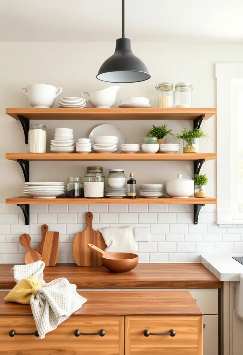 Open Shelving: Displaying dishes and jars on open shelves creates an inviting atmosphere and adds character to the design