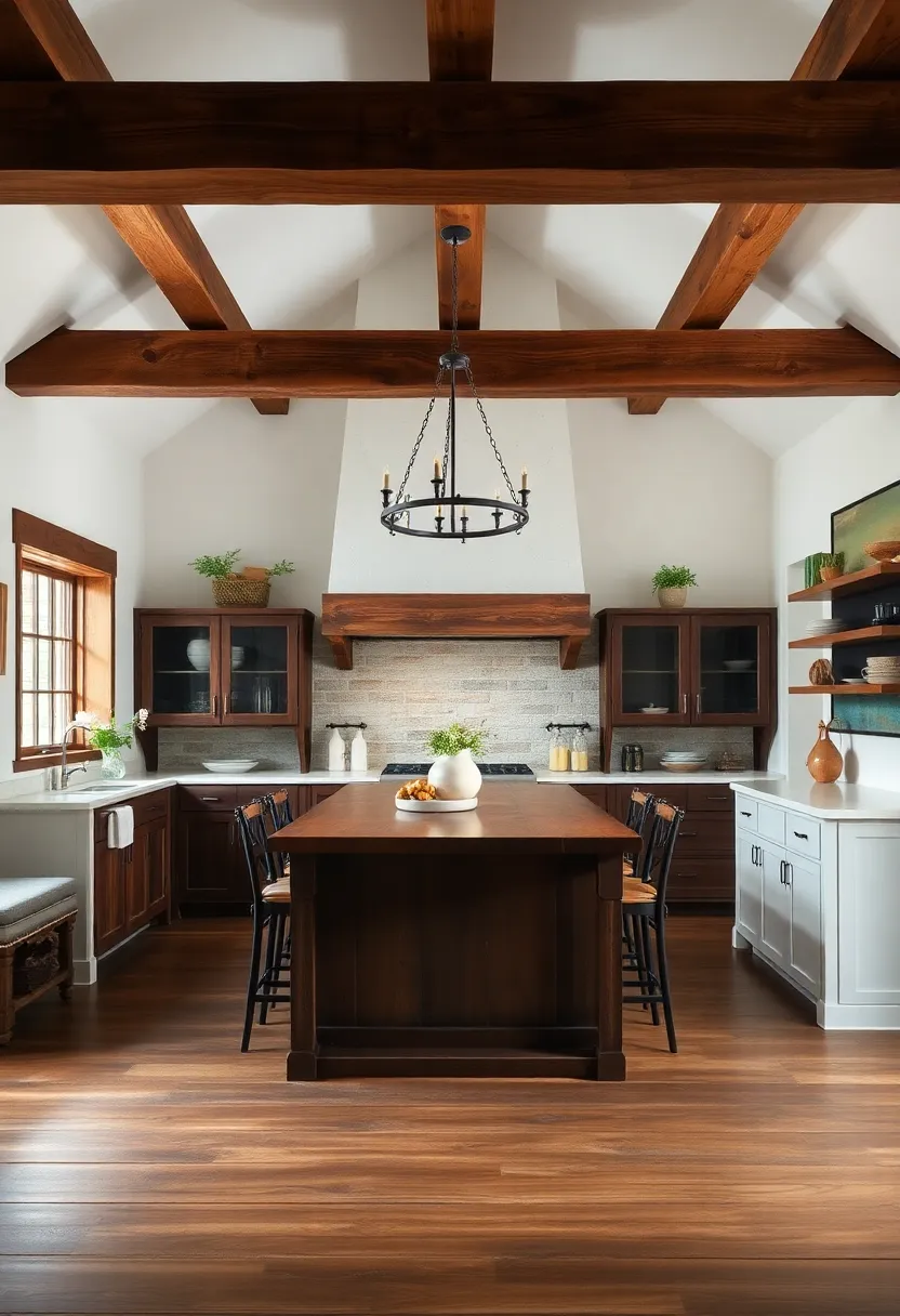 Reclaimed wood Beams: The grandeur of exposed beams adds rustic elegance and a sense of history to the kitchen