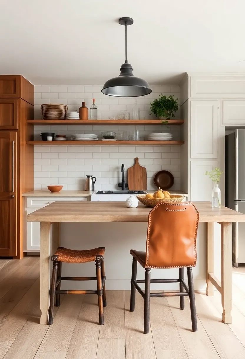 Worn Leather Accents: Leather chairs or stools create a timeless aesthetic while adding a layer of comfort and durability