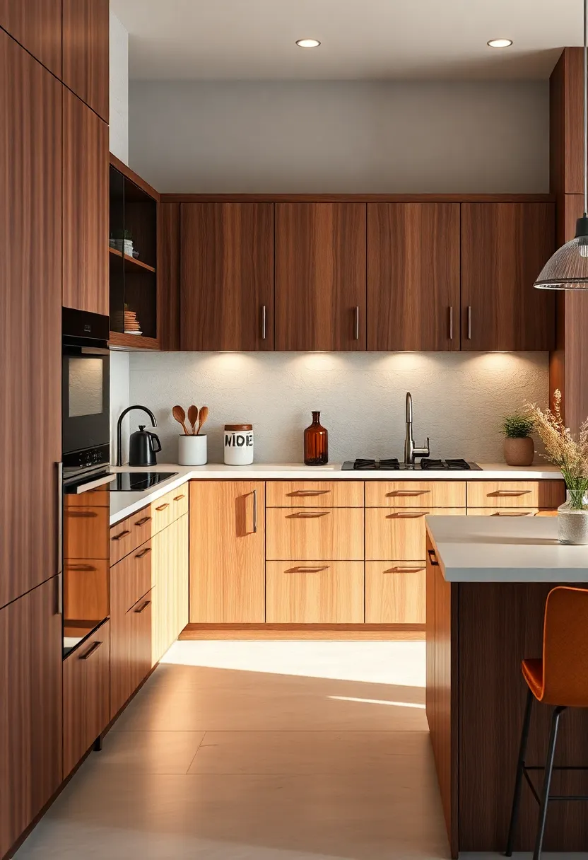 Custom Walnut Cabinets with Hidden Appliances and Flat Fronts for a Streamlined Look