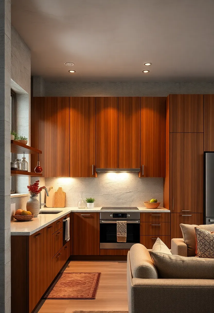Flat-Panel Cherry wood Cabinets with Under-Cabinet LED Lighting for a Cozy Ambiance