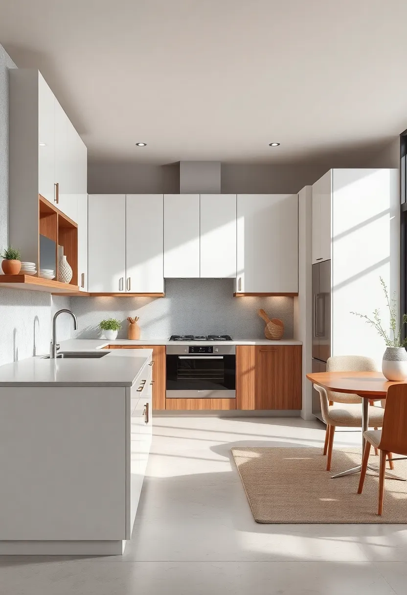 Glossy White Lacquered Wood cabinets with Natural Walnut Trim for Dynamic Contrast