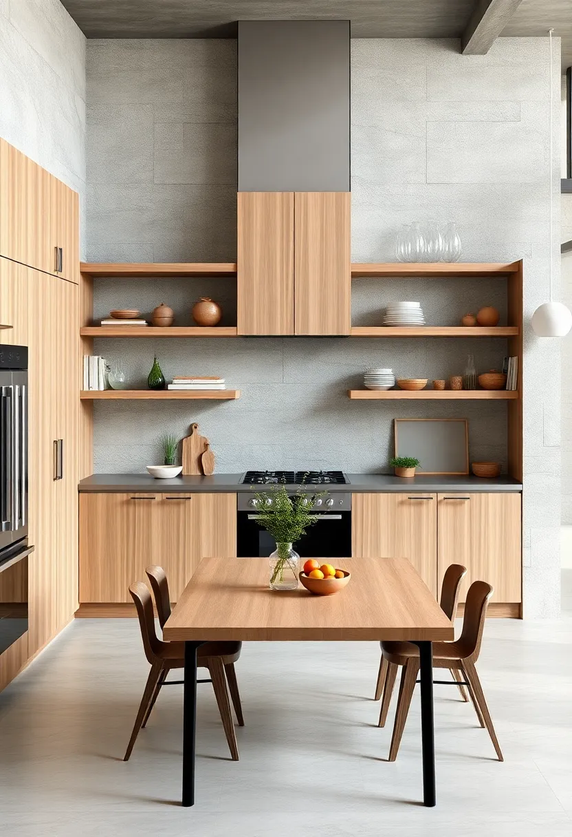 Light Teak Wood Cabinets with Floating Shelves for an Open, Airy Kitchen Feel