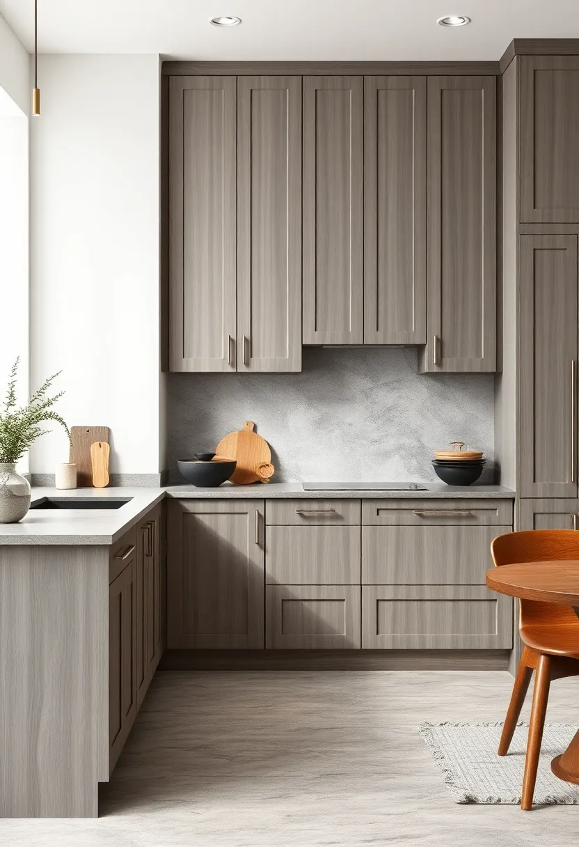 Matte Grey Painted Wood Cabinets with Natural Wood Edge Details for Subtle Contrast