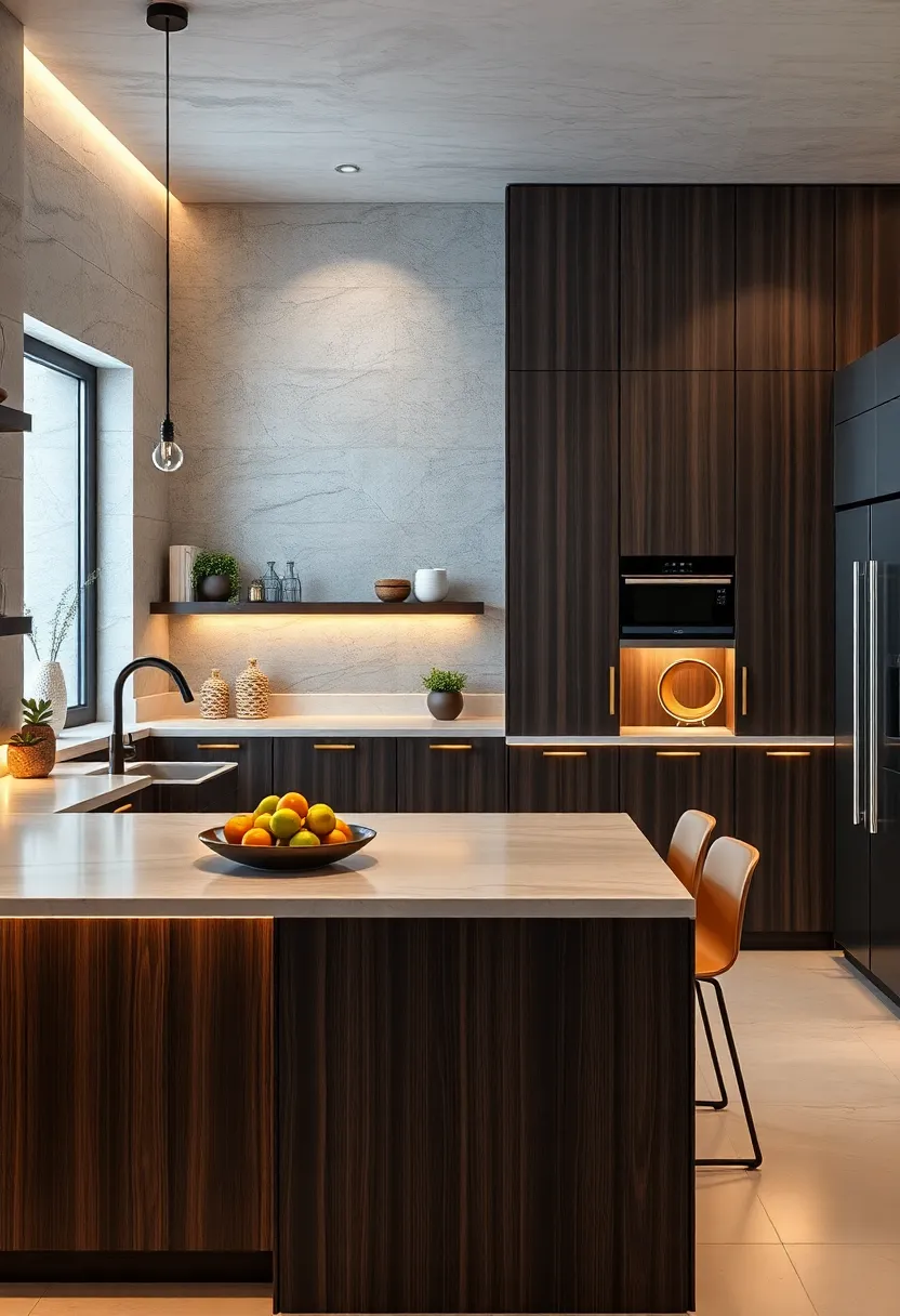 Matte Black Stained Wood Cabinets with Integrated LED Strips for a Futuristic Kitchen
