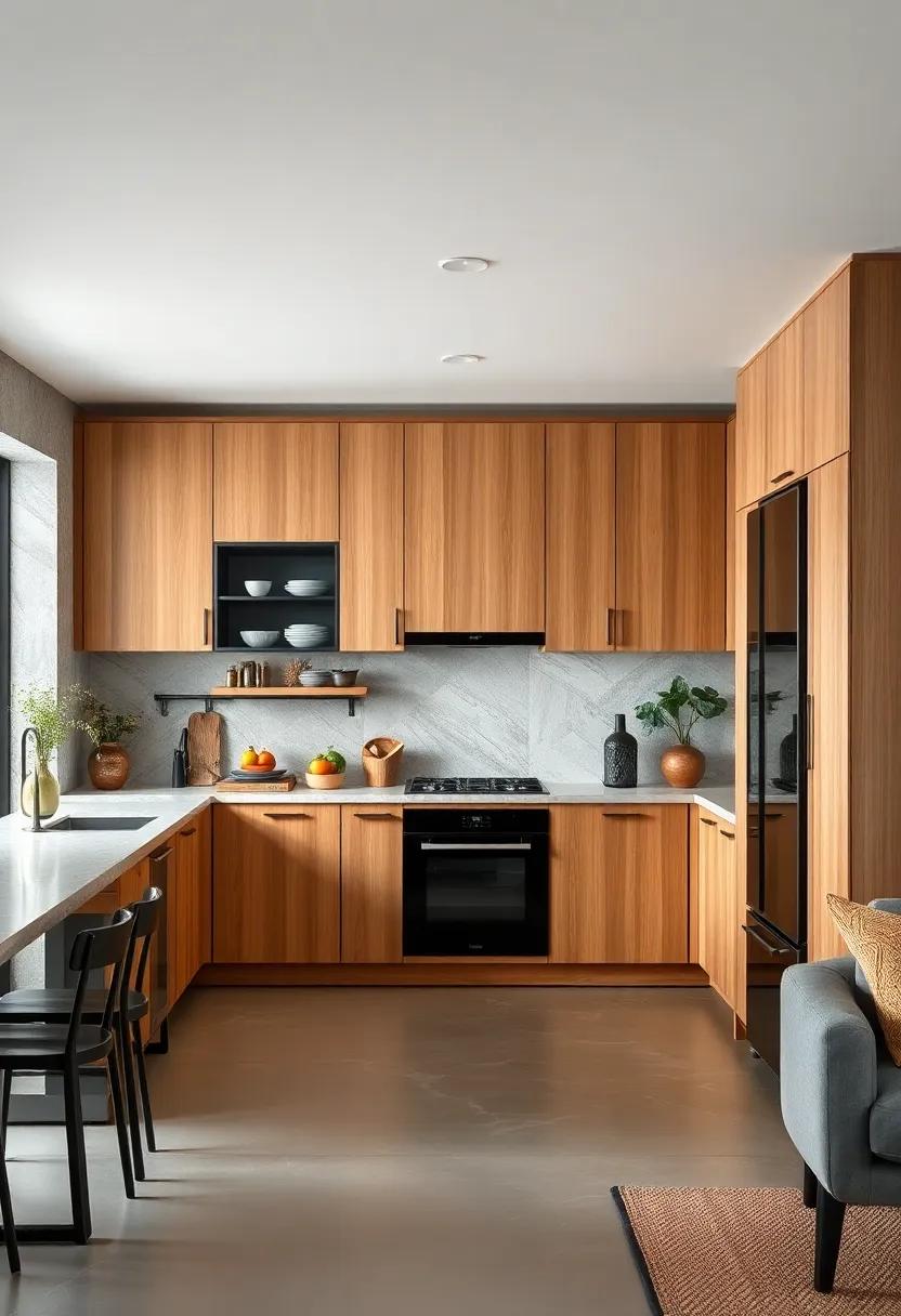 Natural Oak Cabinets with Matte Black Metal Frames Incorporating Industrial Elements