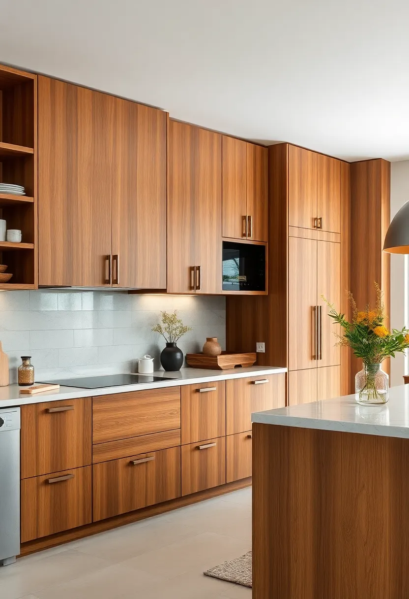 Warm Bamboo Cabinets with Seamless Finger Pulls for Eco-Friendly Sophistication
