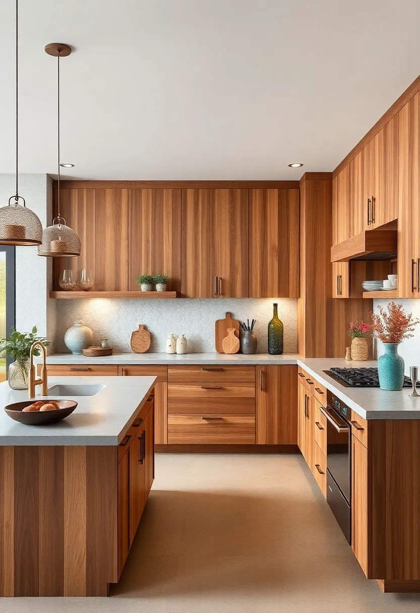 Wide-Planked Hickory Cabinets Paired with Concrete Countertops for modern Rustic Appeal